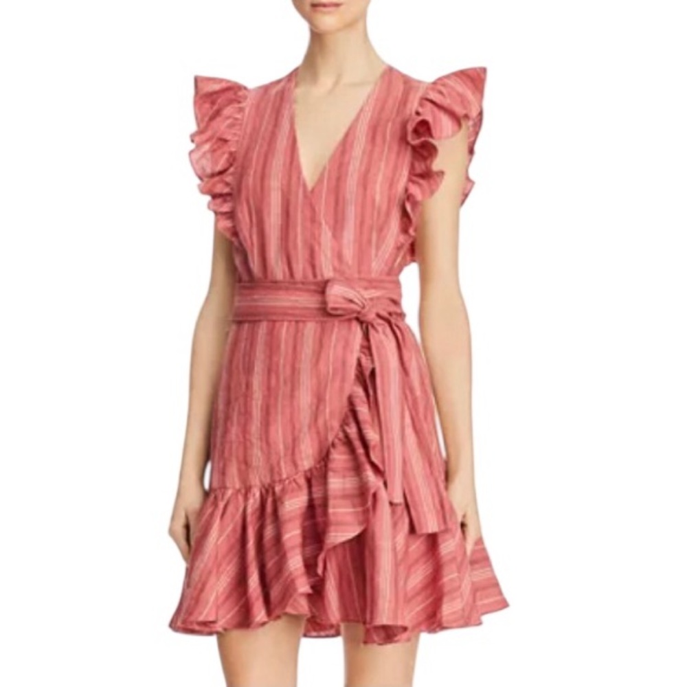 Size 12 Rebecca Taylor Striped Wrap Dress Linen Stripe Ruffle Cotton Rose Pink
